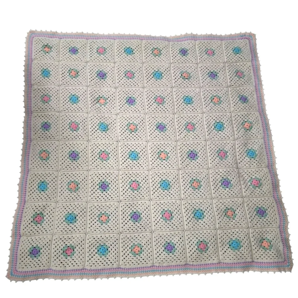 Vintage Handmade Pastel Granny Square Crochet Afghan